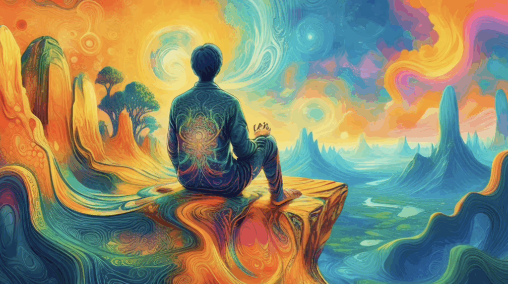 A person meditating on a golden ledge overlooking a vast, blue mountain valley in 4K.
